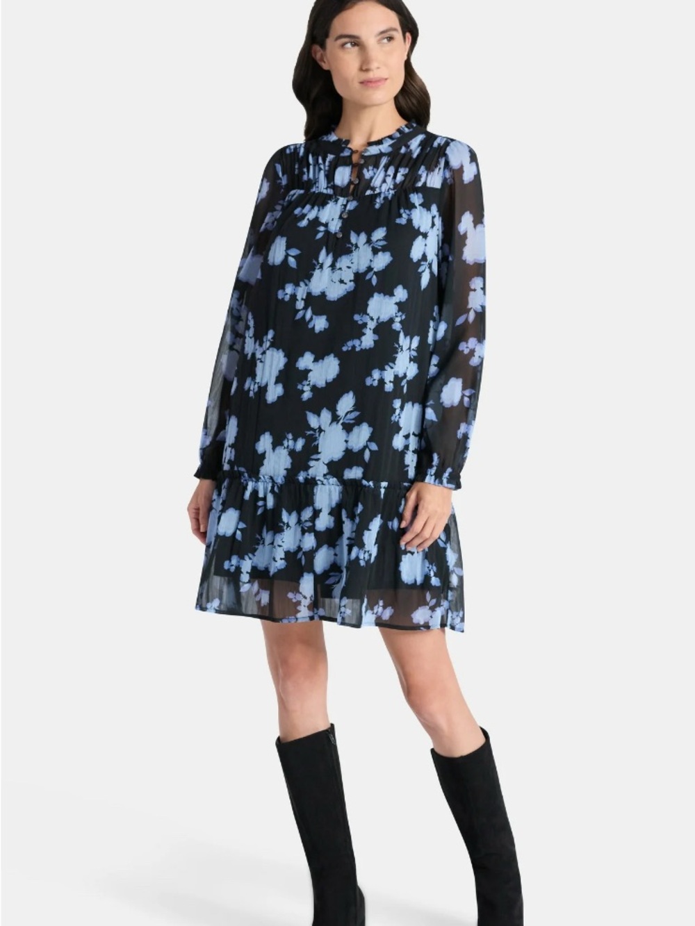 Time and Tru Black Dress with Light Blue Floral Print - Long Sleeve